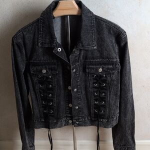 Black Cropped Denim Jacket with Lace-Up Detail